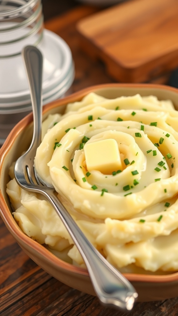Creamy Mashed Potatoes Recipe A bowl of creamy mashed potatoes garnished with chives, with a pat of butter melting on top, on a rustic wooden table.